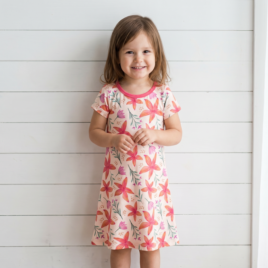 Short-sleeve A-line toddler dress in Sunset Leilani print, made from bamboo fabric