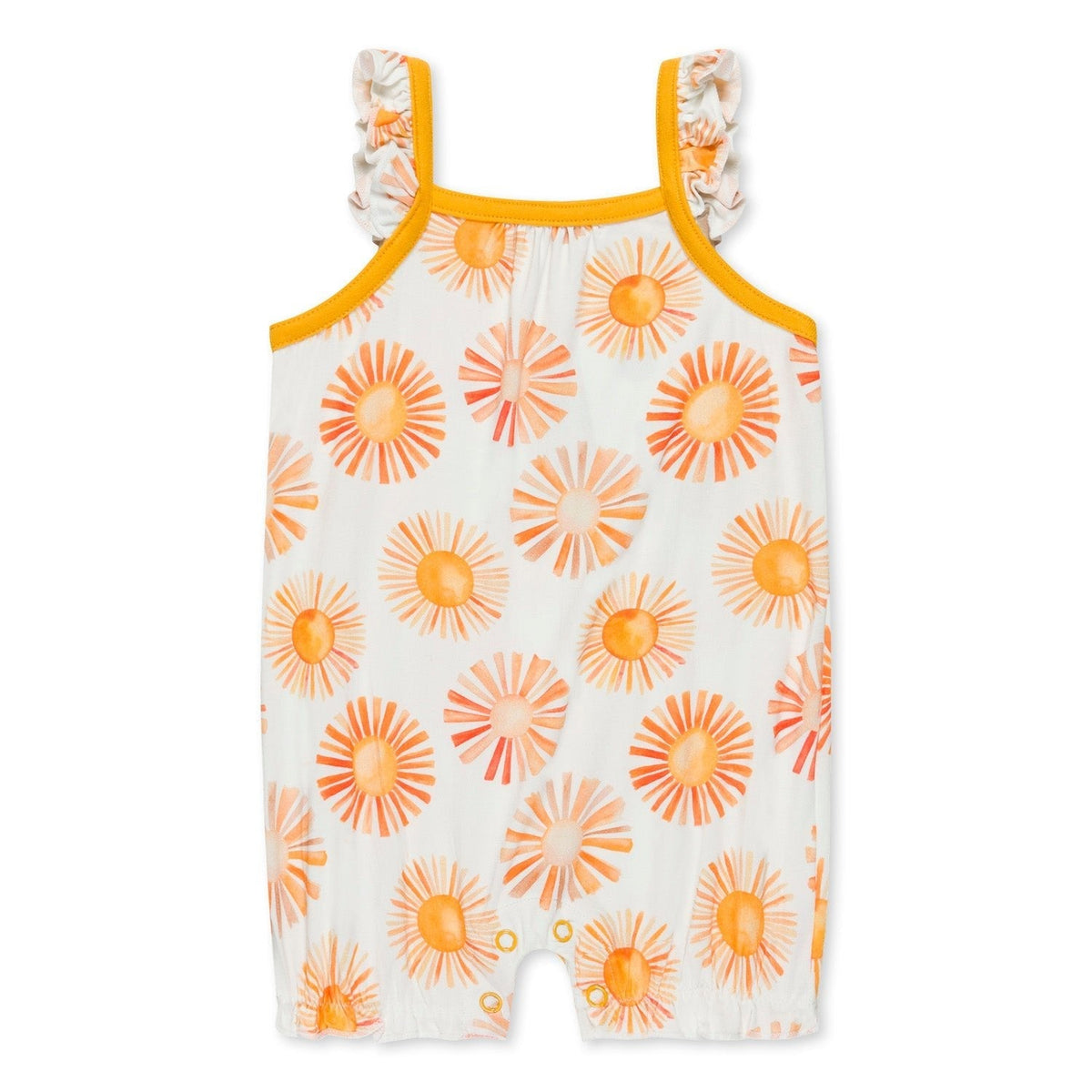 Sunshine bubble romper with flutter sleeves in a sunny yellow shade, with snaps along the legs
