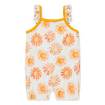 Sunshine bubble romper with flutter sleeves in a sunny yellow shade, with snaps along the legs