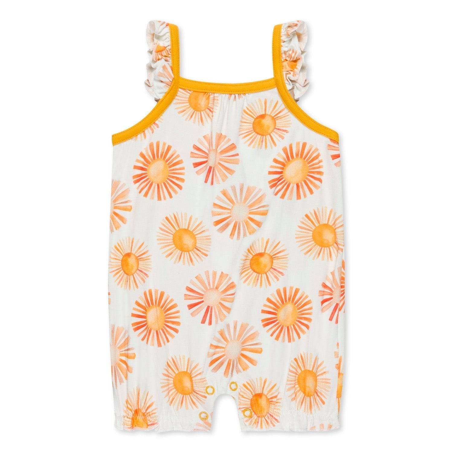 Sunshine bubble romper with flutter sleeves in a sunny yellow shade, with snaps along the legs