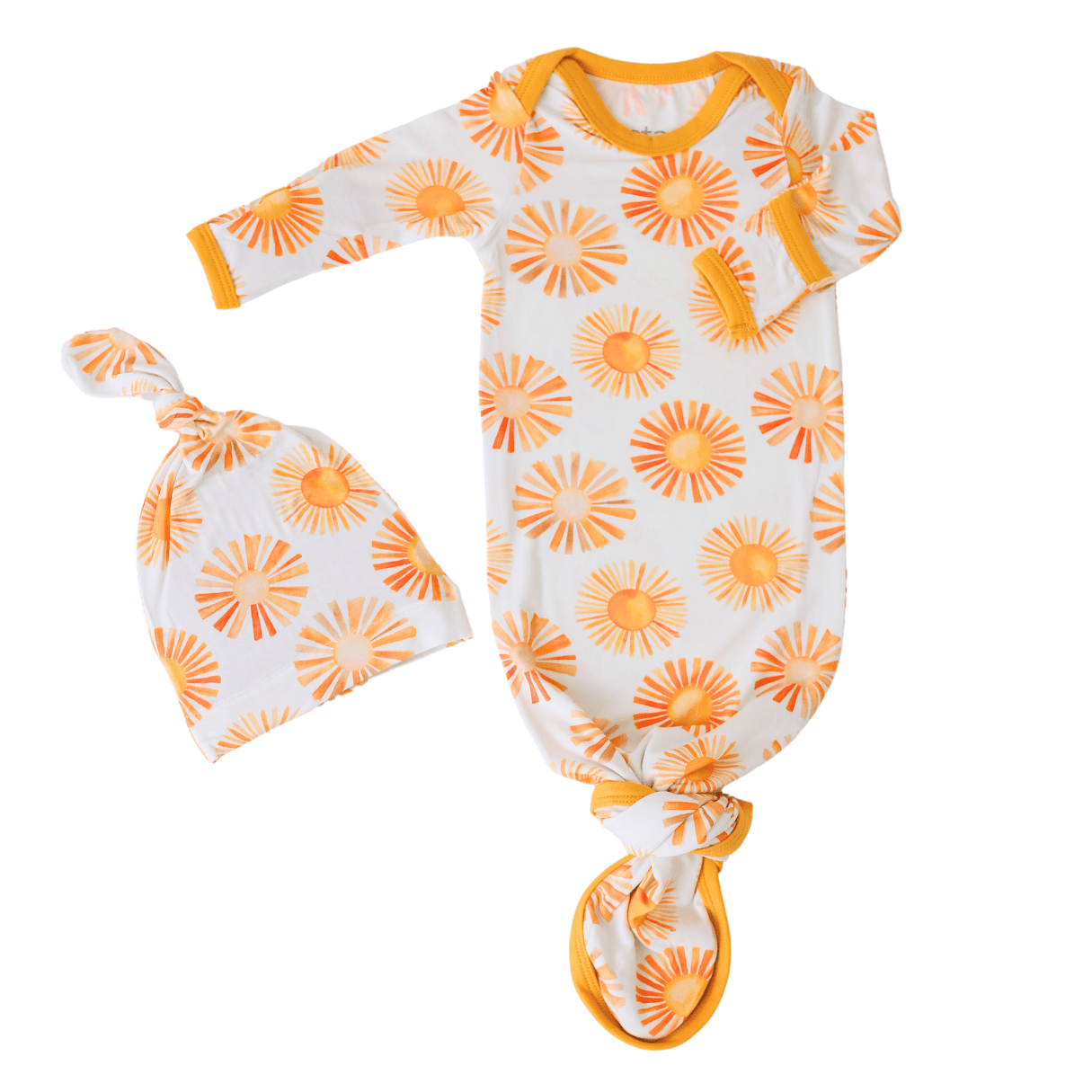 Baby gown and matching hat set in soft yellow with fold-over mittens on the sleeves