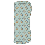 Baby swaddle blanket with a surf-themed motif print, spread flat to show the square shape
