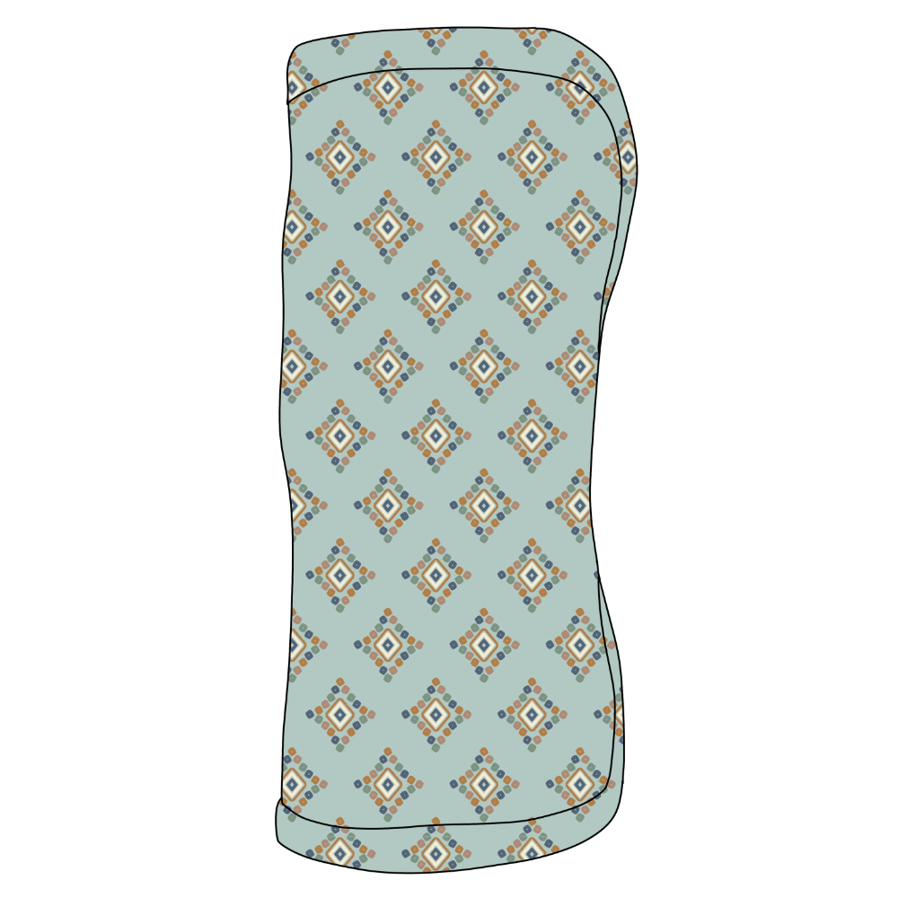 Baby swaddle blanket with a surf-themed motif print, spread flat to show the square shape