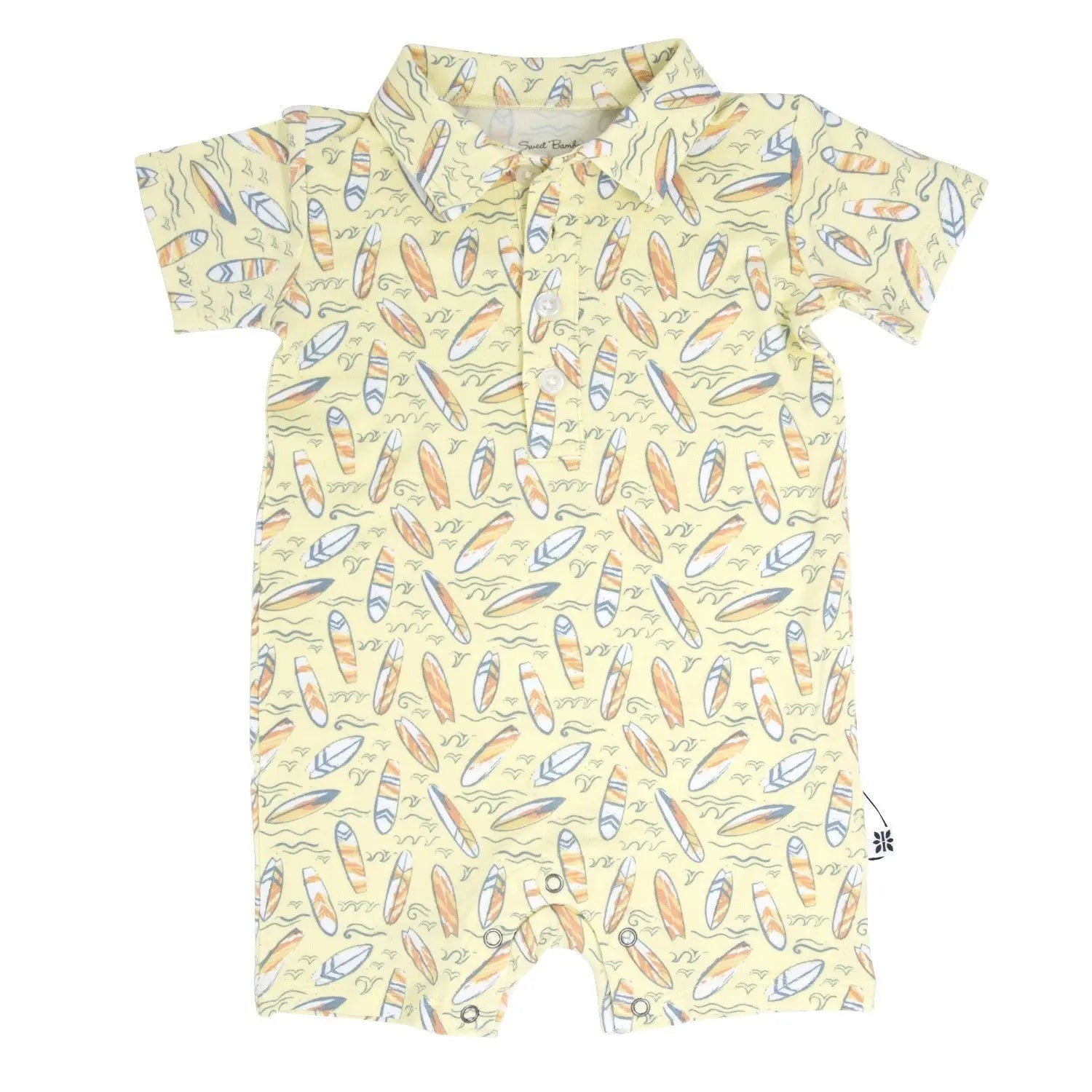 Sweet Bamboo Surfboard Waves Polo Romper with Snap Closure for Active Boys - Apparel & Accessories > Clothing > Baby & Toddler Clothing > Baby One-Pieces Rompers