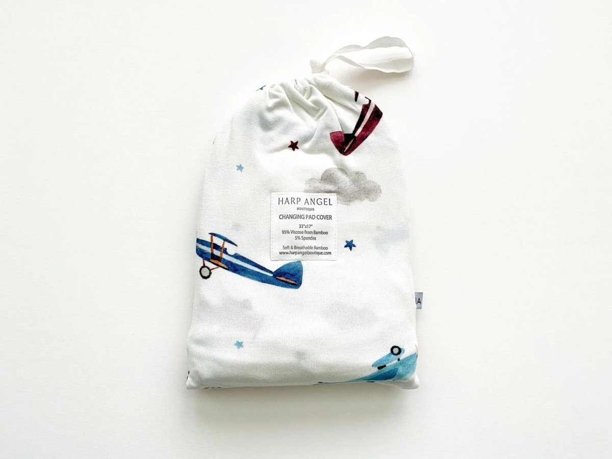 Harp Angel Boutique Sustainable Bamboo Changing Pad Cover with Vintage Airplane Design for Babies - 