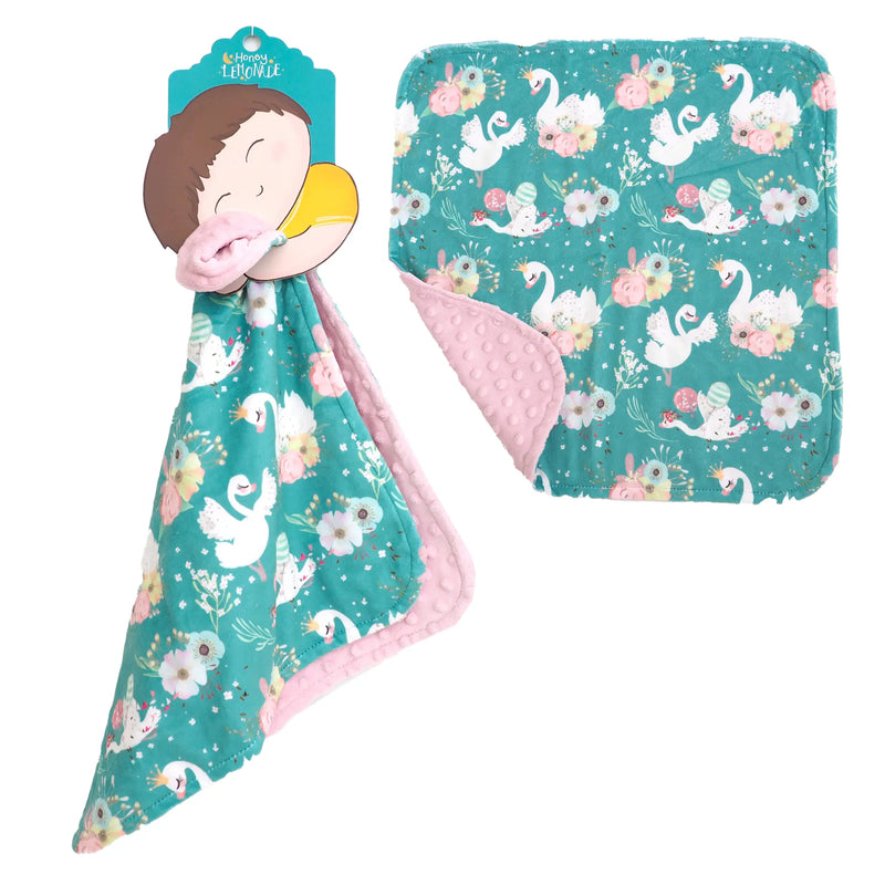 Mini Minky toddler blanket with swan design, made of soft premium Minky fabric, 18x18 inches.