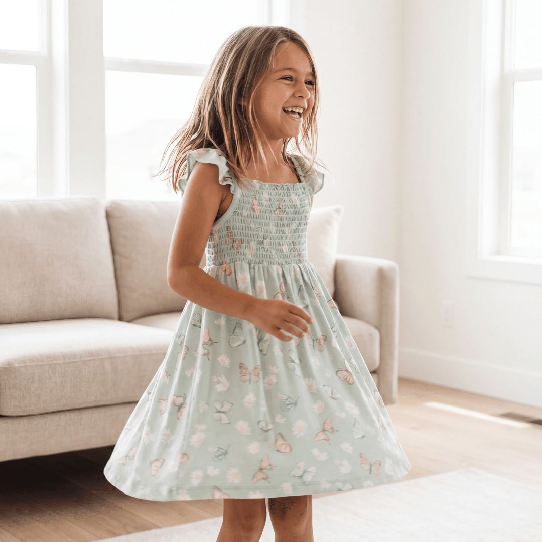 Mint Butterfly Daisy Bamboo Smocked Vintage Dress - Day Dress, Dress, One-piece garment, Ruffle, Ankle | Everetts Place