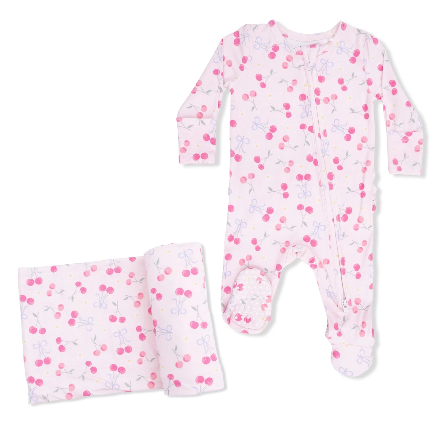 Angel Dear Sweet Bow Cherries - 2 Way Ruffle Back Zipper Footie & Swaddle Blanket Set - 