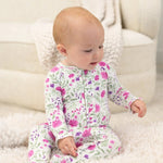 Sweet Bamboo Sweet Purple Flowers Ruffle Footie with 2 Way Zipper for Baby Girls - 