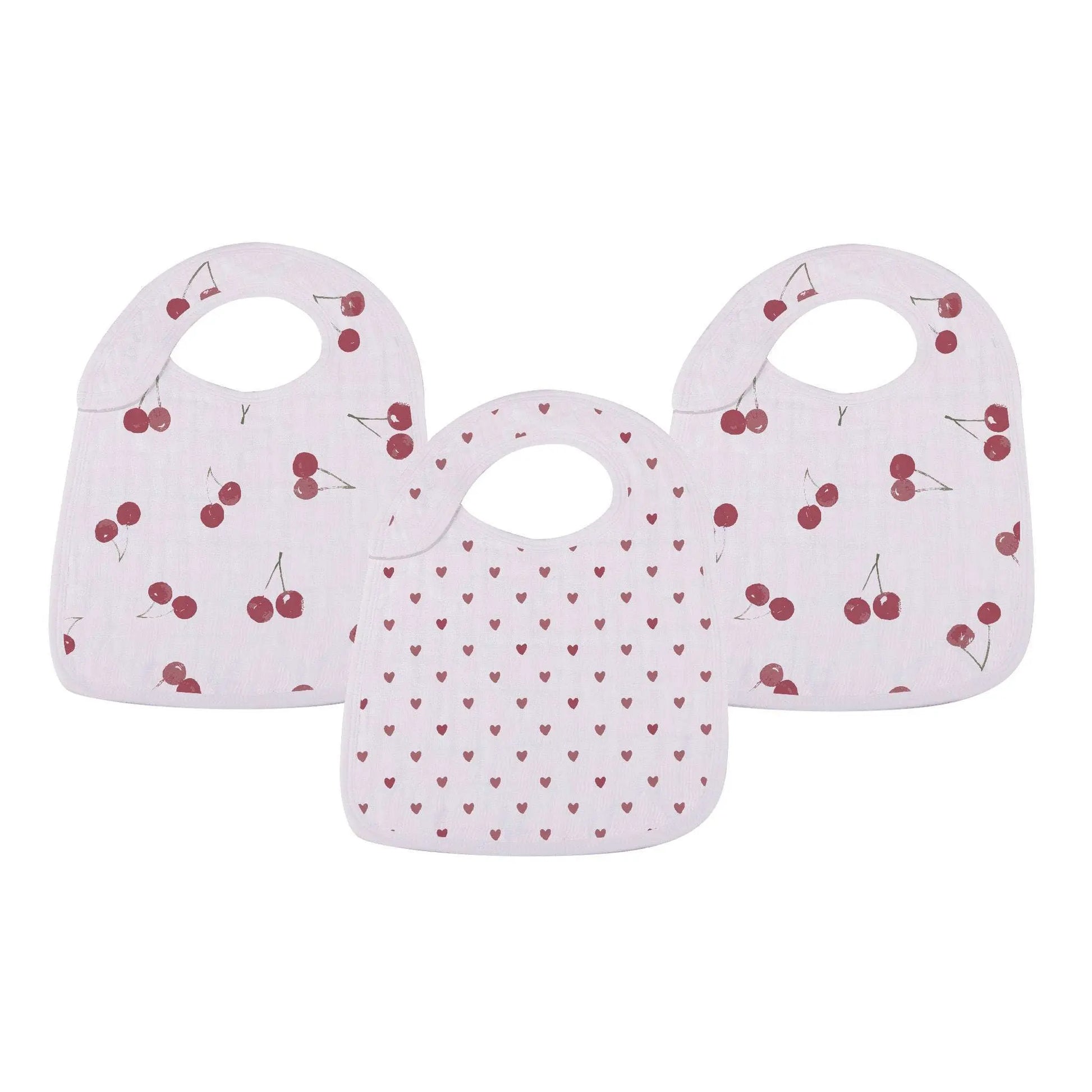 Sweetheart Cherry Hearts Snap Bib Set 100 Percent Natural Bamboo Muslin Newcastle Classics