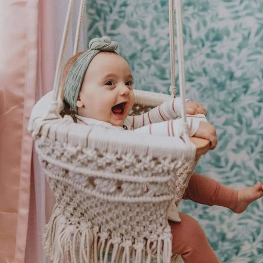 Handmade Organic Macrame Baby Swing - Safe Stylish Sustainable Indoor Outdoor Use Finn + Emma