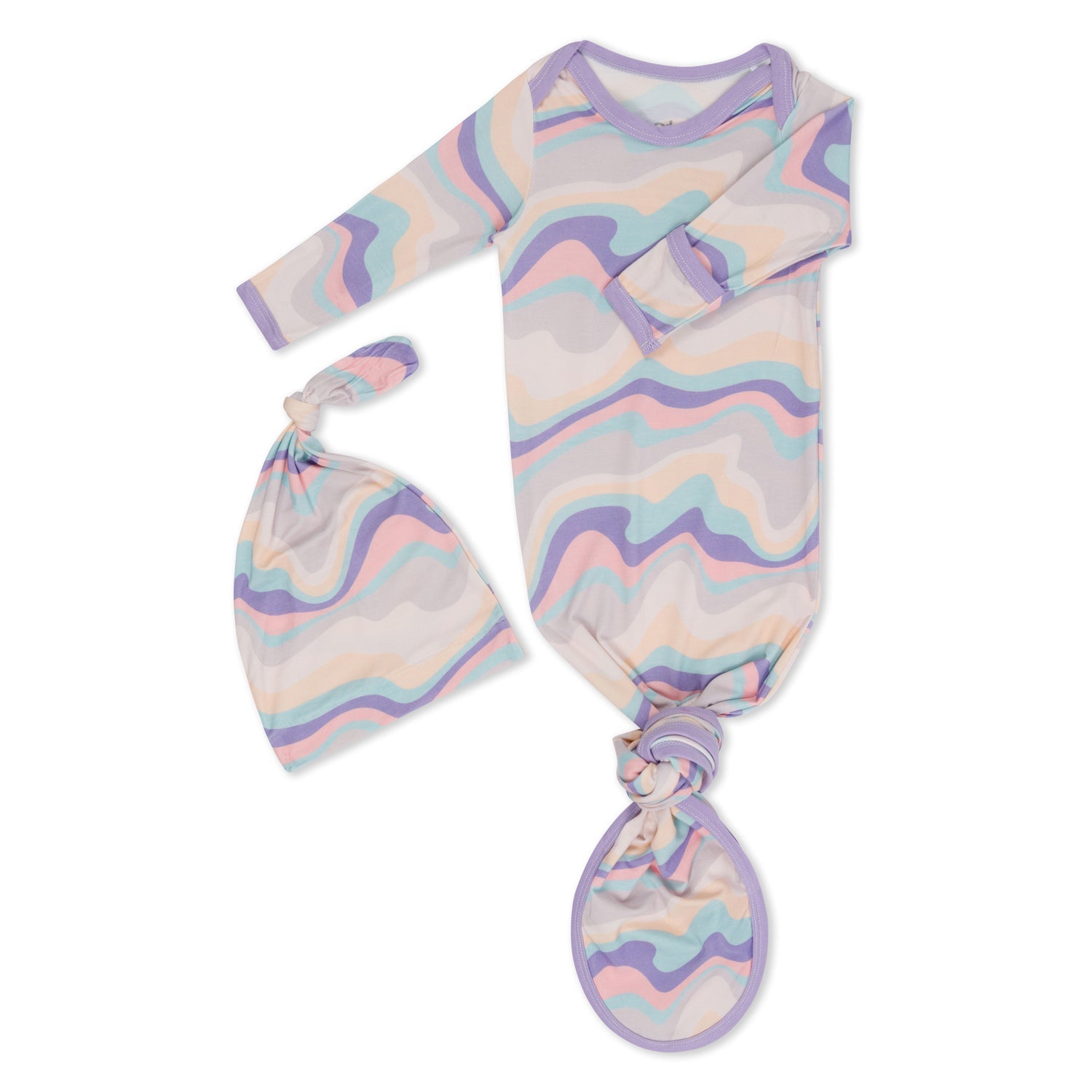 Baby gown and matching hat in pastel swirl print with knotted bottom and fold-over mitten cuffs.