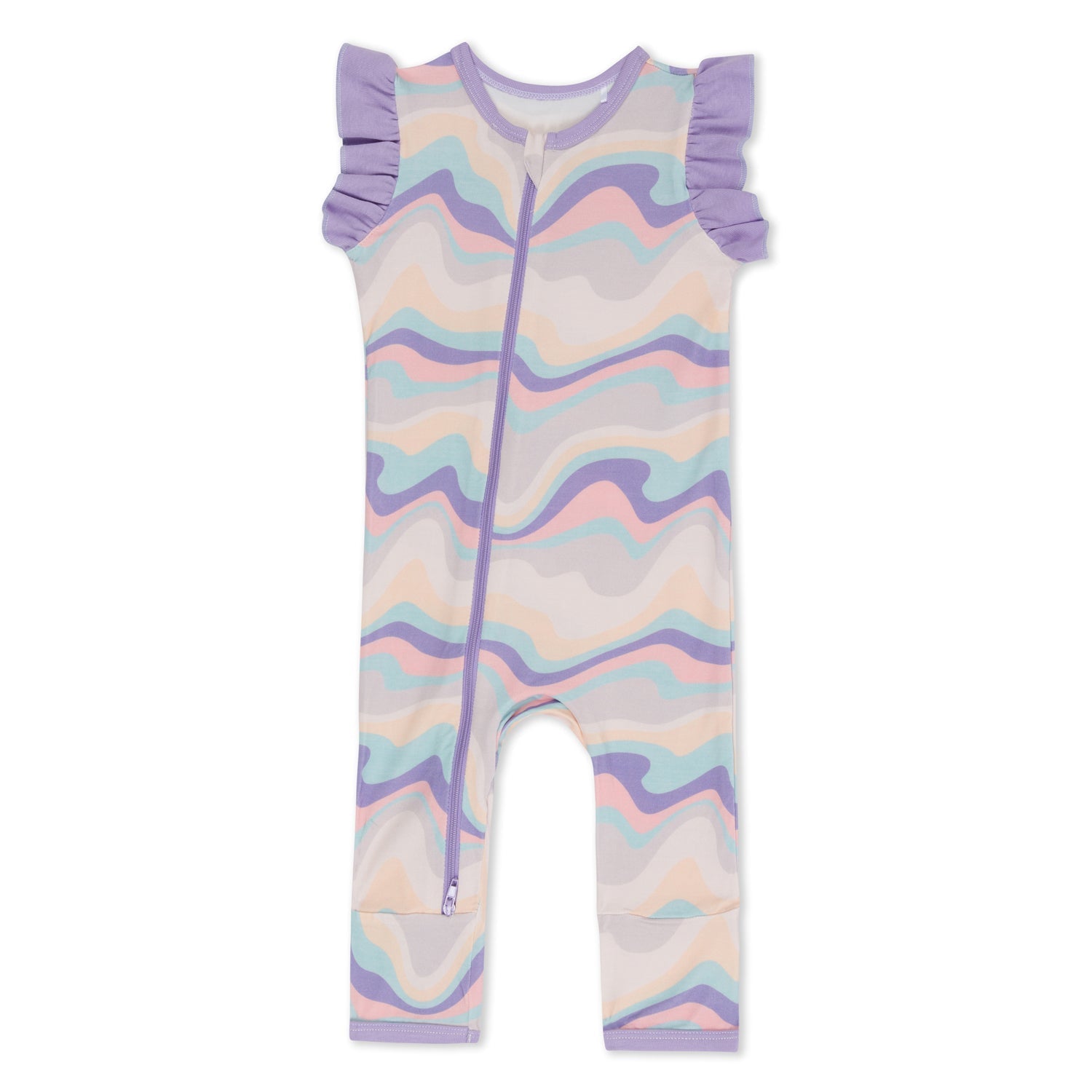 Short sleeve baby romper with flutter sleeves and a swirl pattern, featuring dual front zippers.