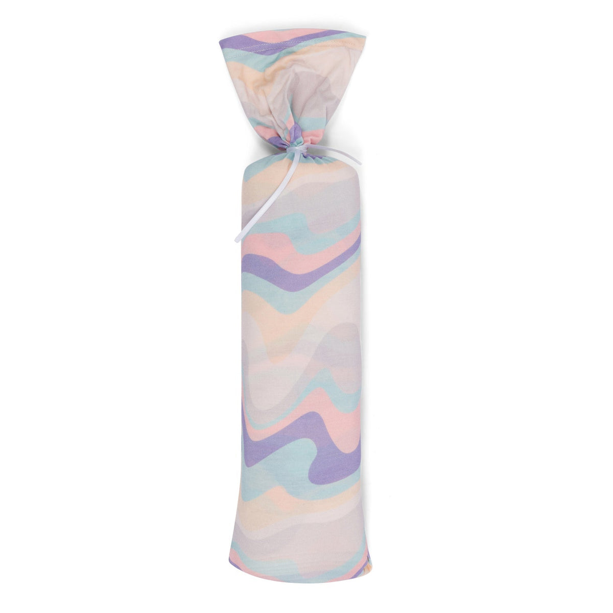 Swaddle blanket with a swirl pattern, spread flat to show its large square shape