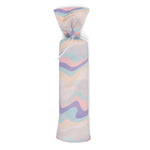 Swaddle blanket with a swirl pattern, spread flat to show its large square shape