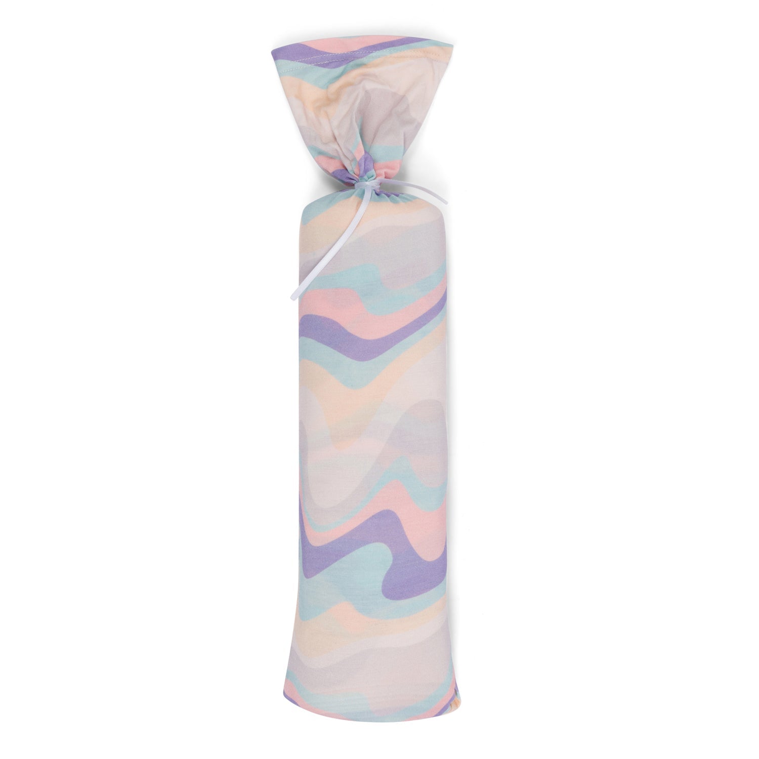 Swaddle blanket with a swirl pattern, spread flat to show its large square shape