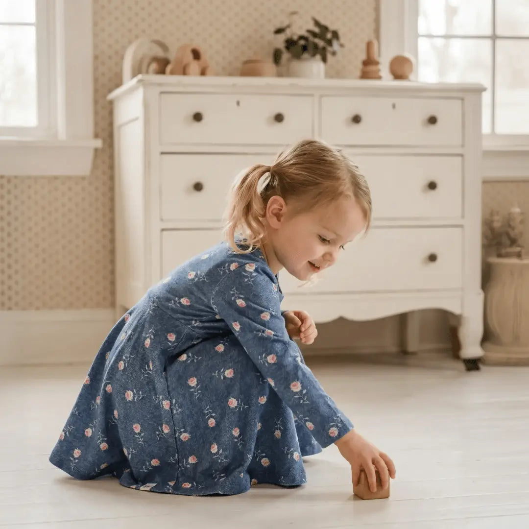 Sweet Bamboo Swirly Girl Dress Denim Roses - 