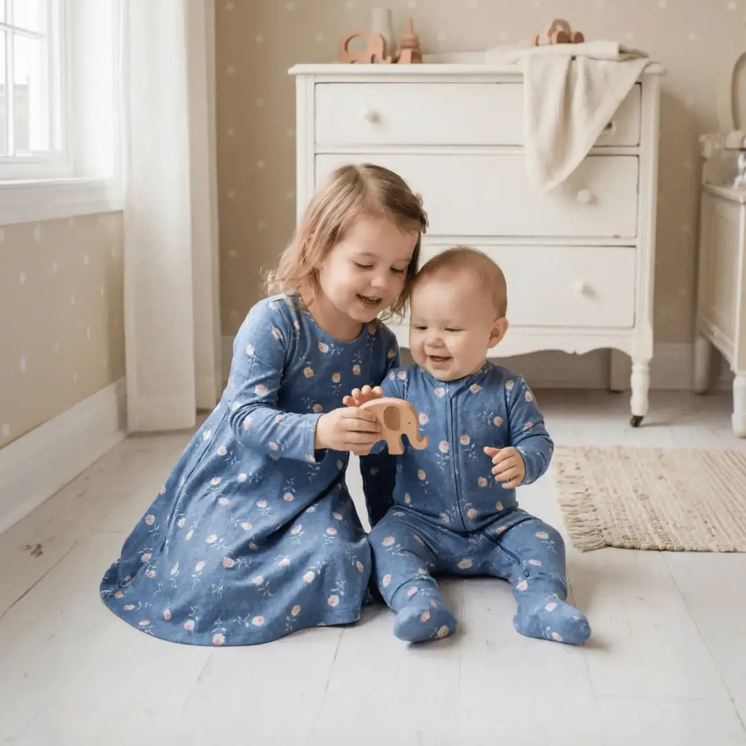 Sweet Bamboo Swirly Girl Dress Denim Roses - 