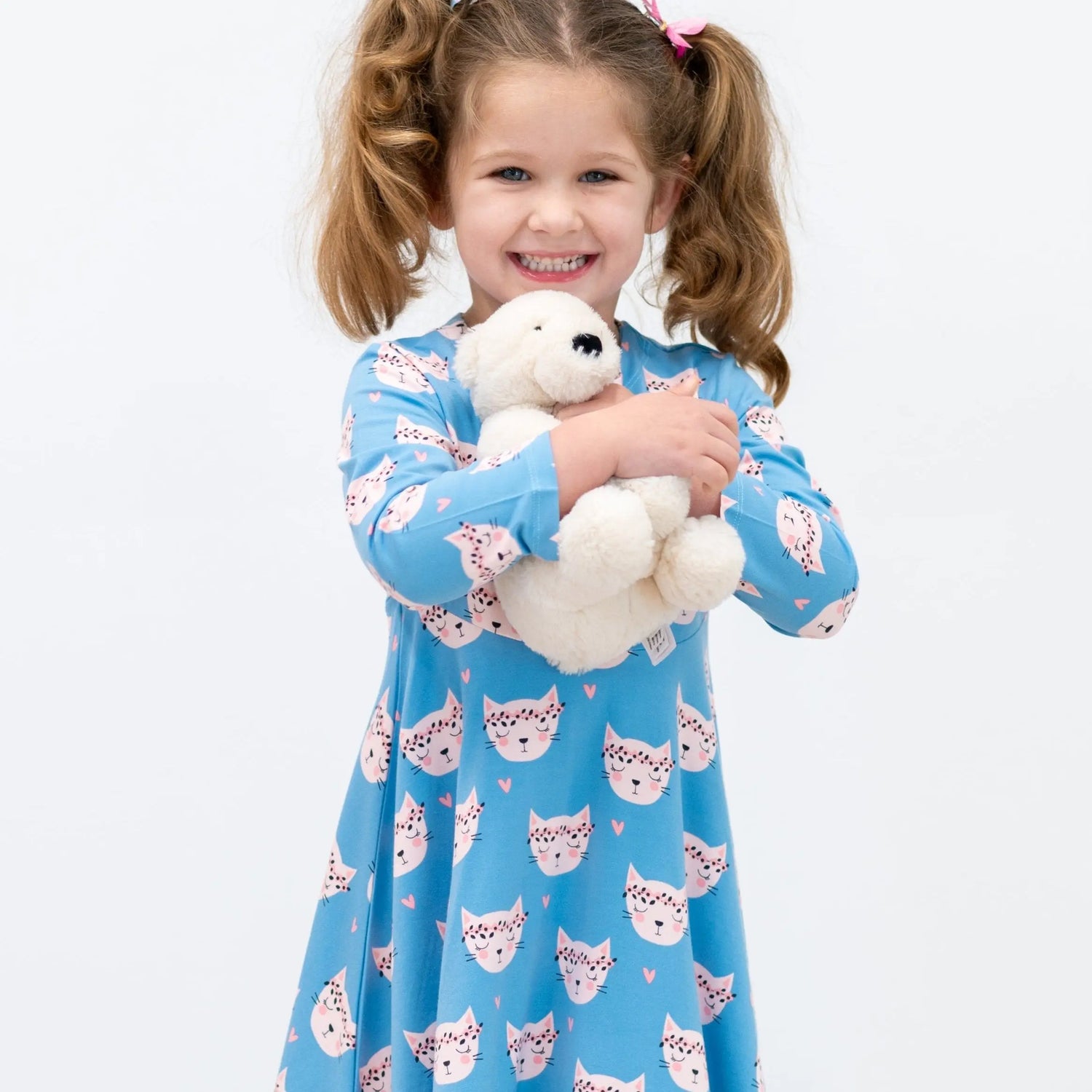 Pretty Pink Cat Swirly Girl Dress for Everyday Wear with Long Sleeves and Empire Waistline Sweet Bamboo