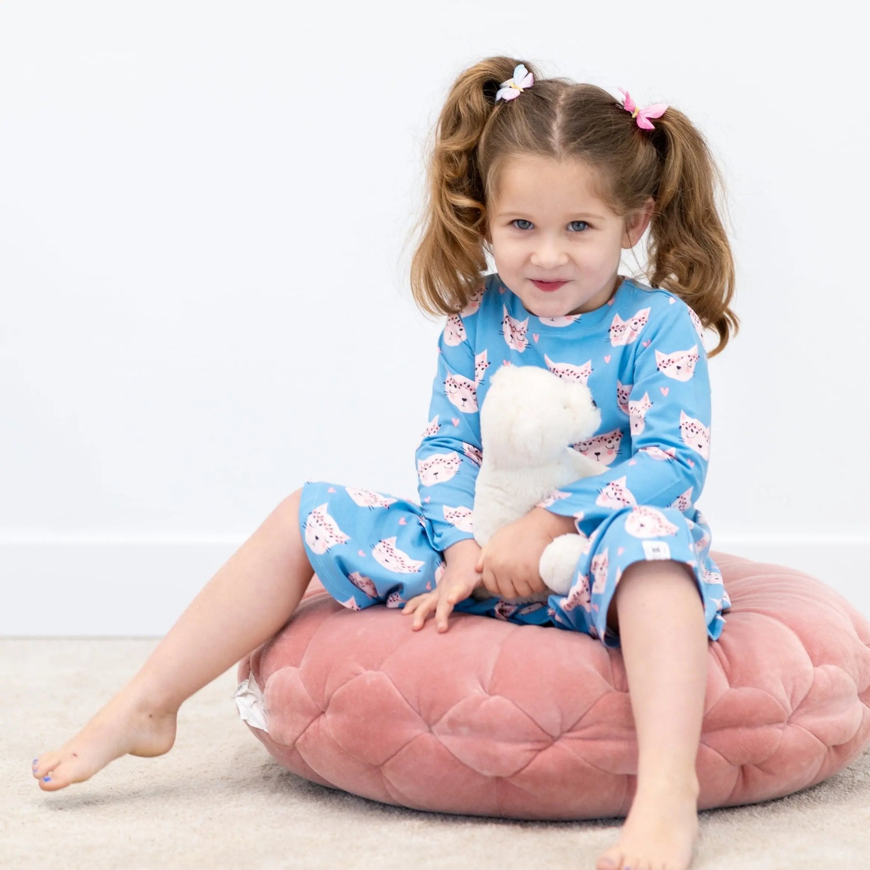Pretty Pink Cat Swirly Girl Dress for Everyday Wear with Long Sleeves and Empire Waistline Sweet Bamboo