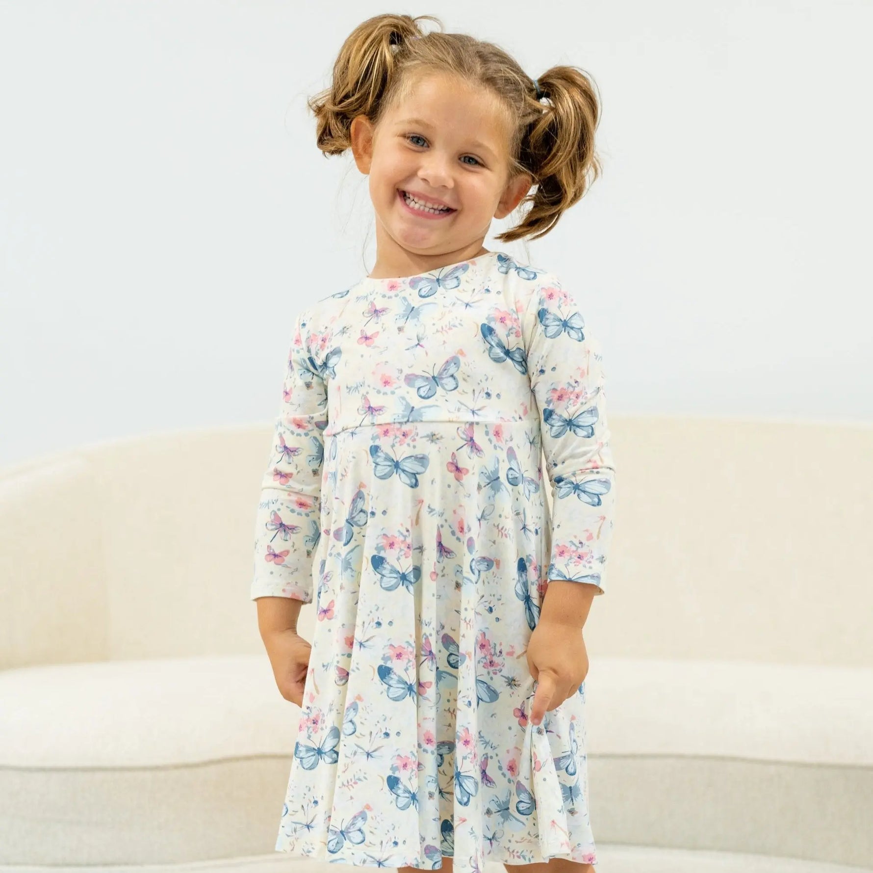 Sweet Bamboo Watercolor Butterfly Dress with Swirly Design for Little Girls - Dresses