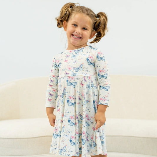 Watercolor Butterfly Swirly Girl Dress Knee Length Long Sleeve Empire Waistline Sweet Bamboo