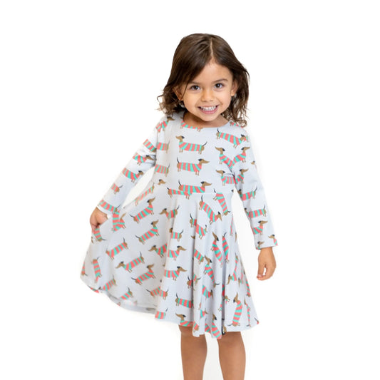 Holiday Hounds Swirly Girl Dress for Puppy Lovers with Long Sleeves and Empire Waistline Sweet Bamboo