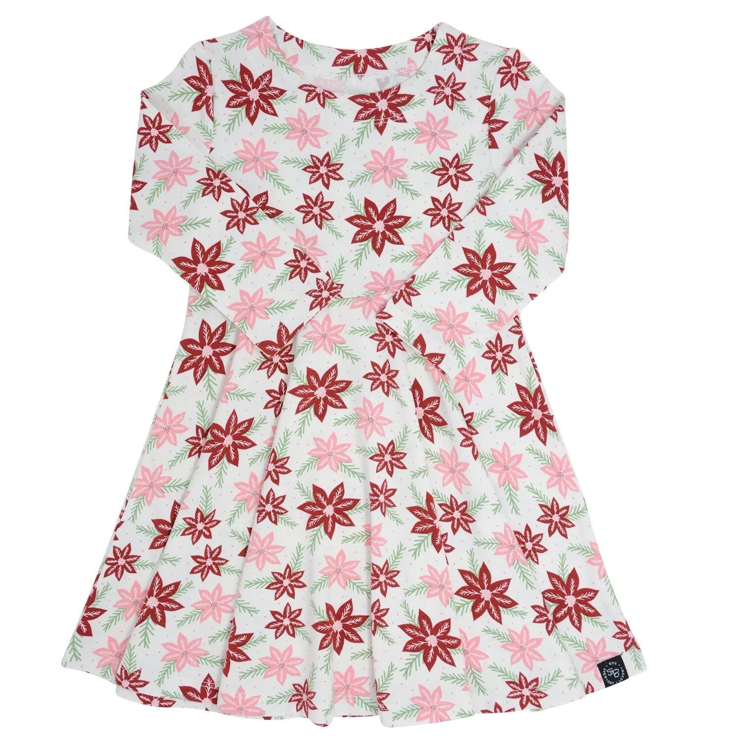 Swirly Girl Holiday Dress With Poinsettia Print Long Sleeve Knee Length Empire Waistline Sweet Bamboo
