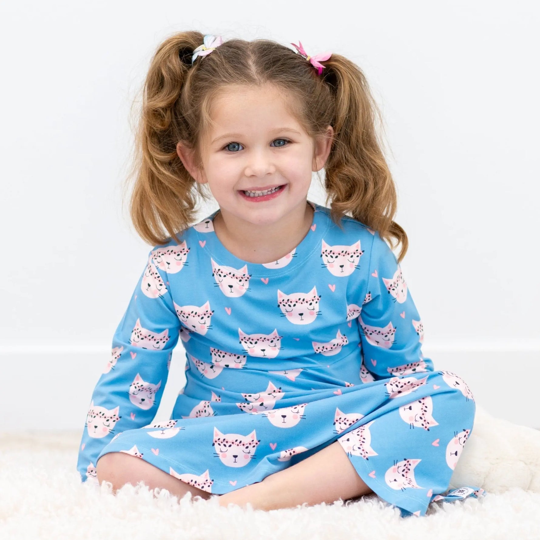 Pretty Pink Cat Swirly Girl Dress for Everyday Wear with Long Sleeves and Empire Waistline Sweet Bamboo