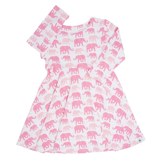 Pink Elephant Swirly Girl Dress with Long Sleeves and Empire Waistline for Everyday Wear Sweet Bamboo