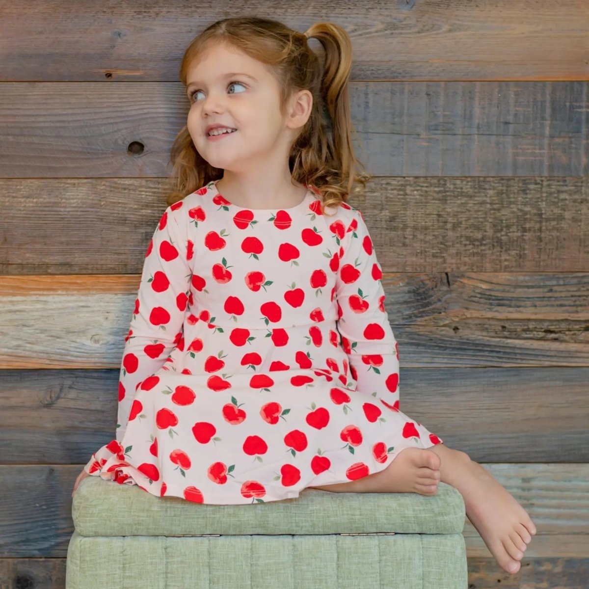 Sweet Bamboo Swirly Girl Dress Knee Length Long Sleeve with Empire Waist for Young Girls - 