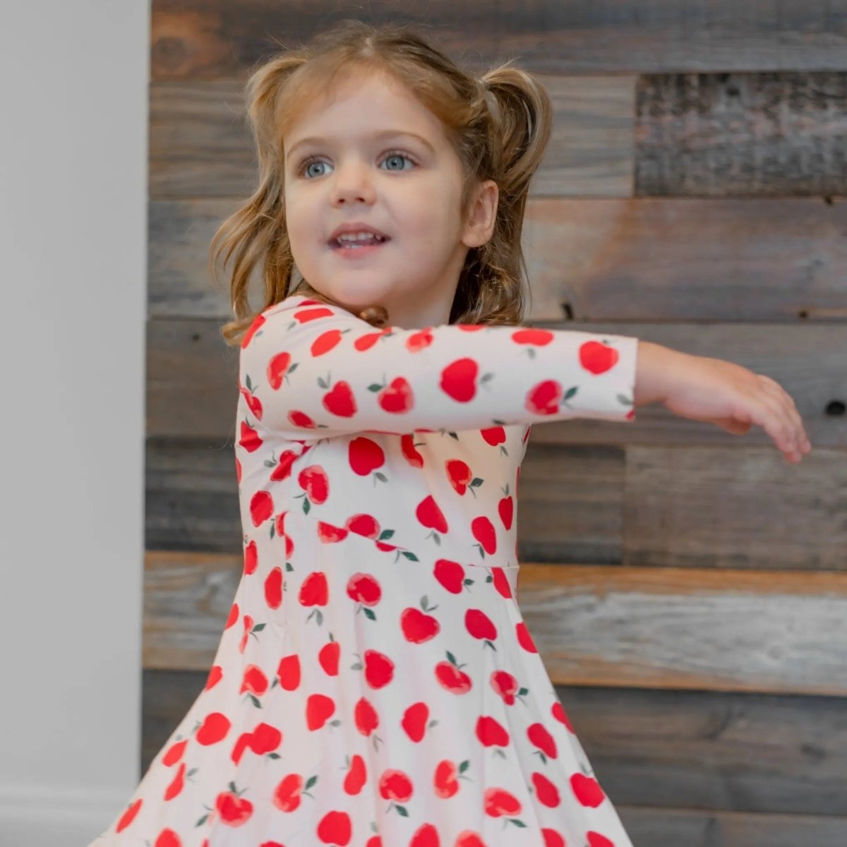 Sweet Bamboo Swirly Girl Dress Knee Length Long Sleeve with Empire Waist for Young Girls - 