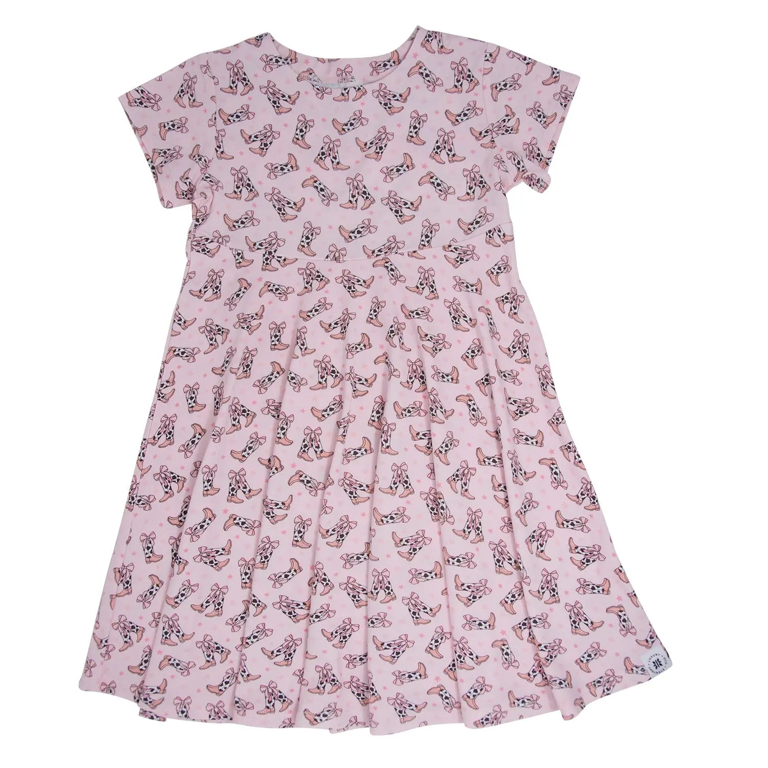 Cowhide Boots Bows Cap Sleeve Swirly Girl Dress Sweet Bamboo