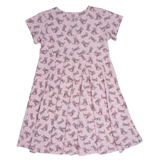 Cowhide Boots Bows Cap Sleeve Swirly Girl Dress Sweet Bamboo