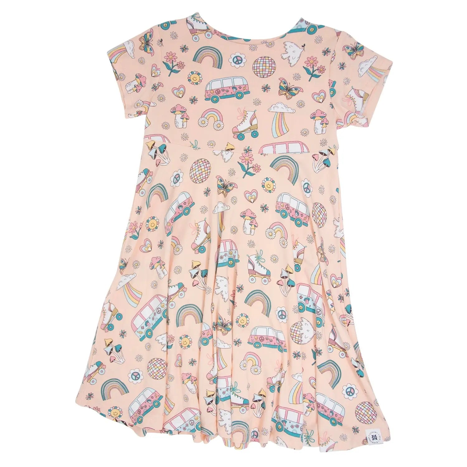 Retro Roller Skates Cap Sleeve Swirly Girl Dress for Everyday Wear Sweet Bamboo