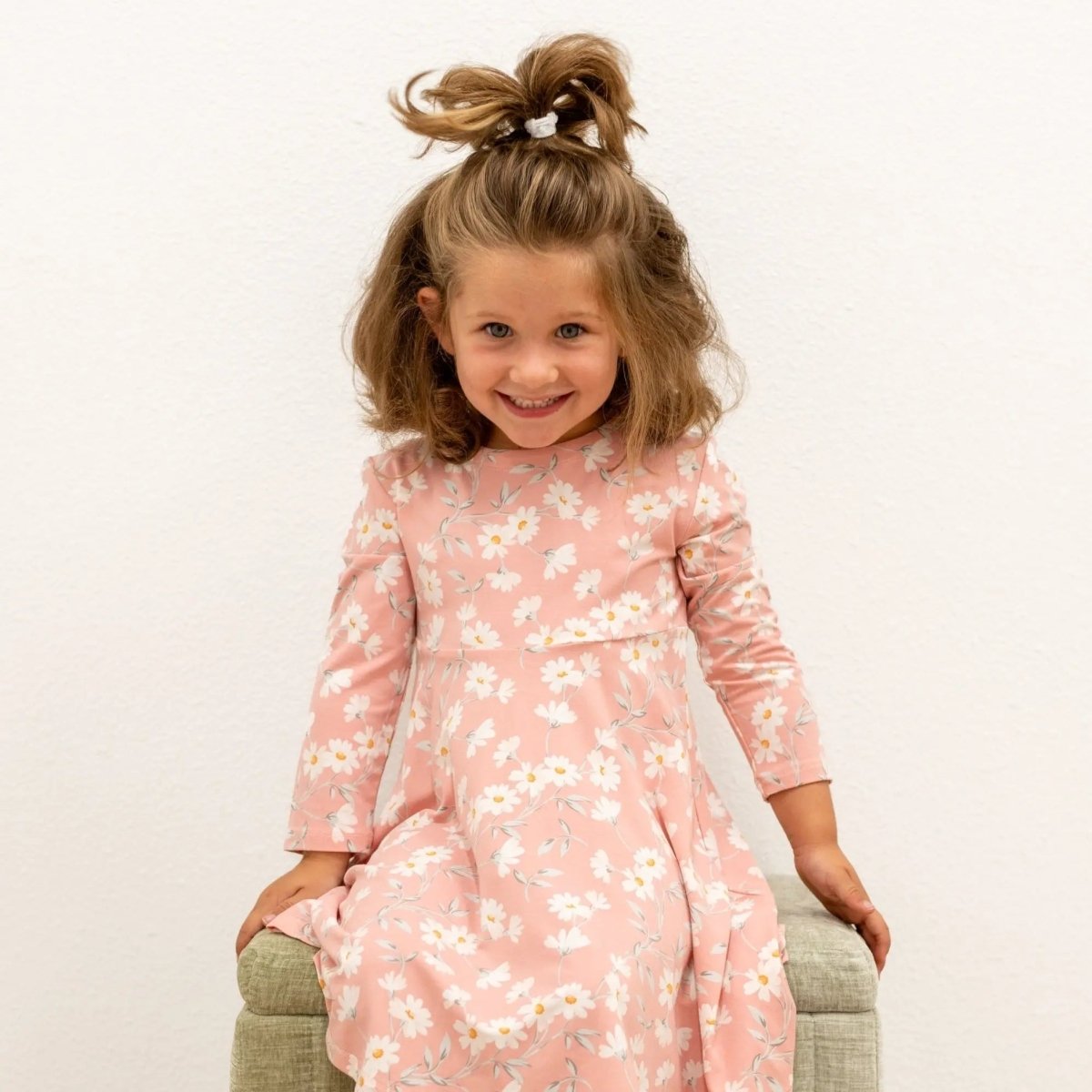 Sweet Bamboo Swirly Girl Knee Length Dress with Long Sleeves for Little Girls - 