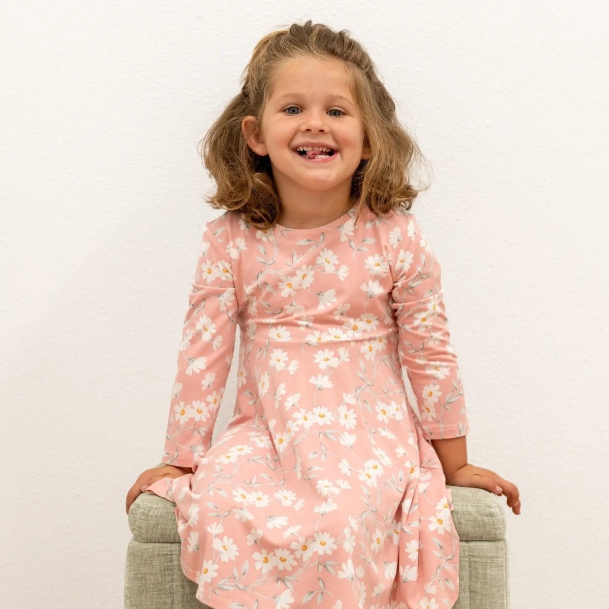 Sweet Bamboo Swirly Girl Knee Length Dress with Long Sleeves for Little Girls - 