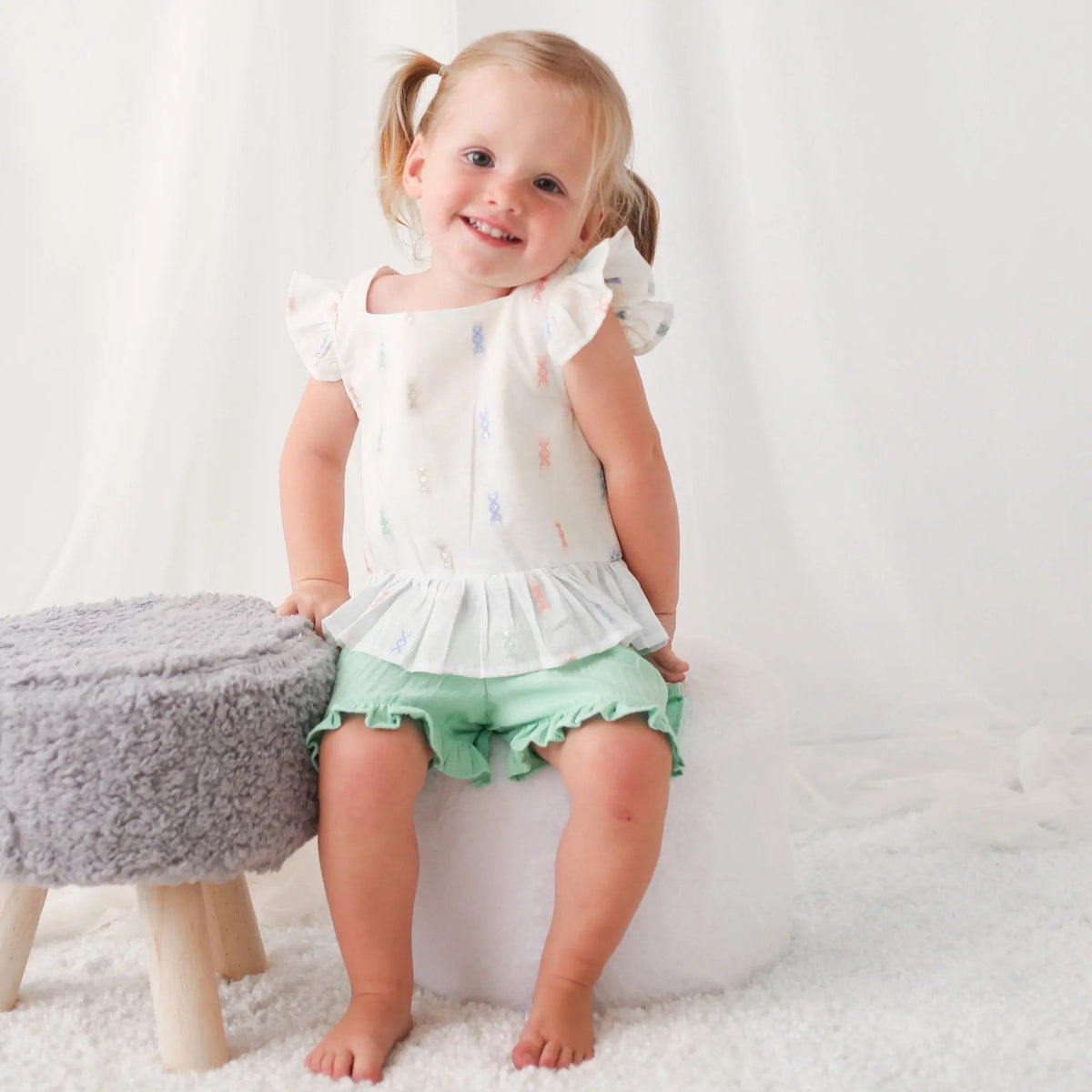 Bestaroo Talya Mint Short And Top Set For Girls Flutter Sleeves Sparkly Top - 