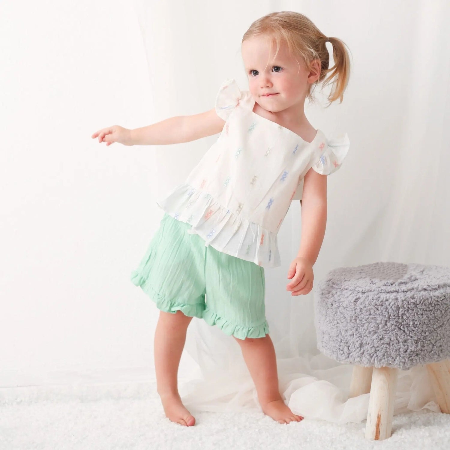 Bestaroo Talya Mint Short And Top Set For Girls Flutter Sleeves Sparkly Top - 