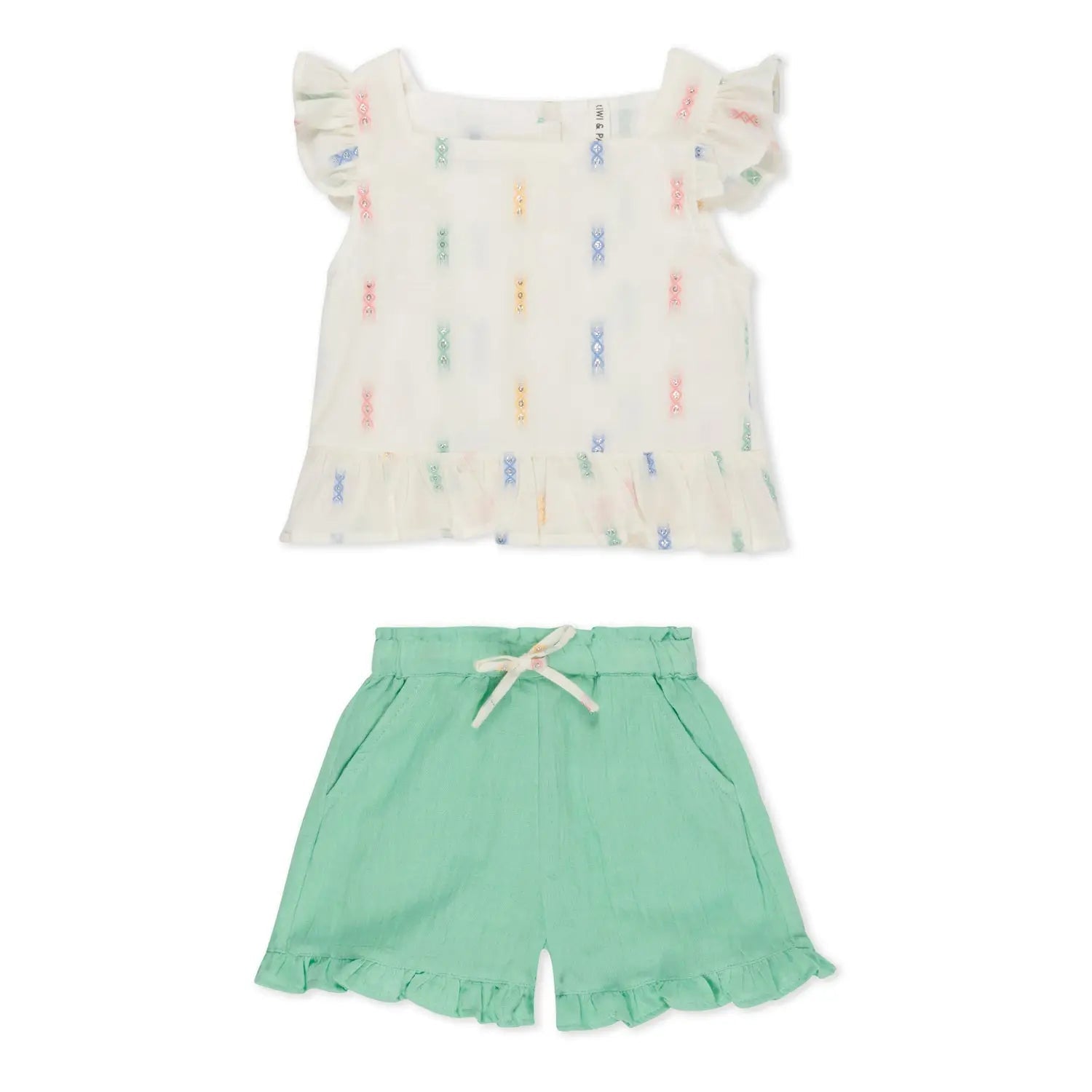 Bestaroo Talya Mint Short And Top Set For Girls Flutter Sleeves Sparkly Top - 