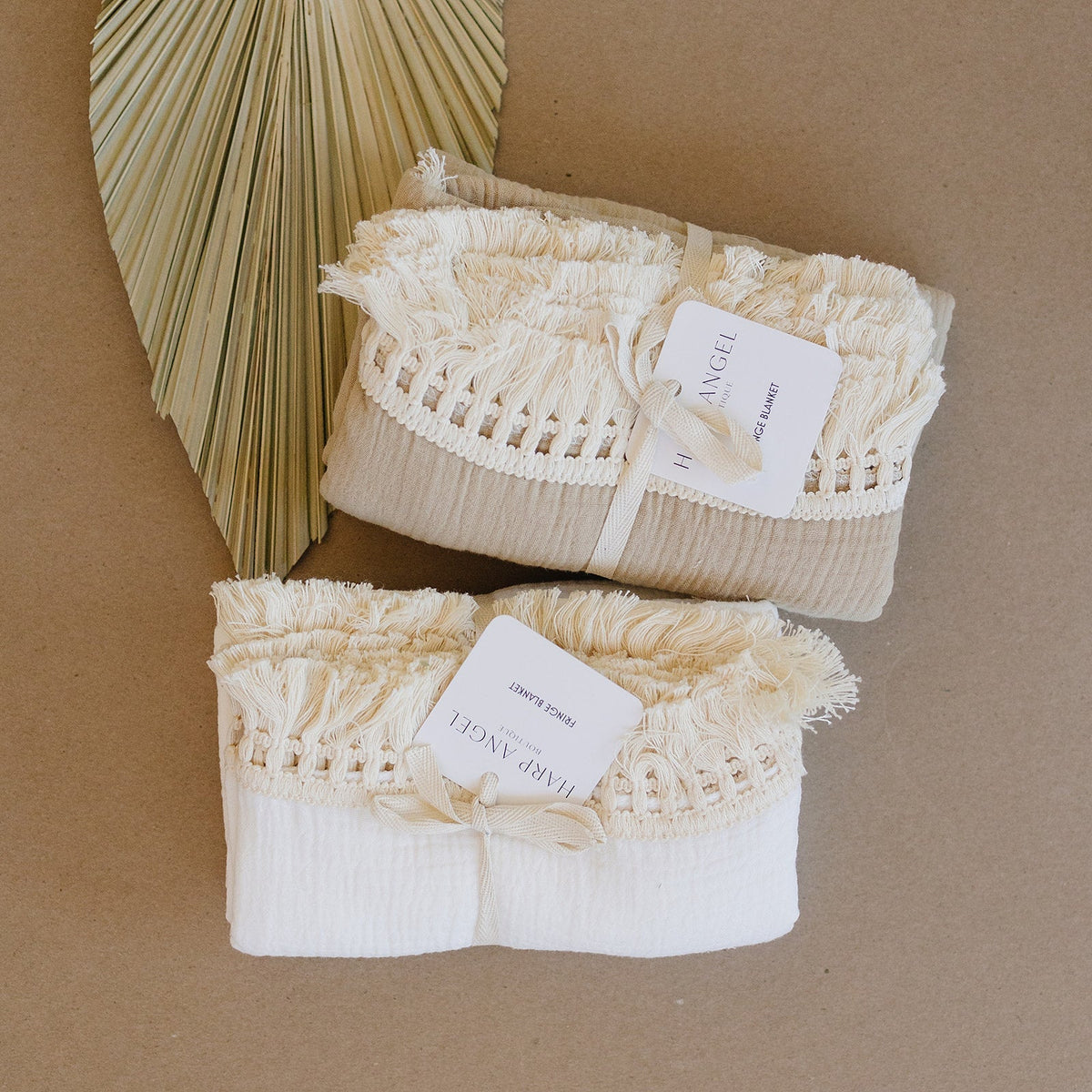 Tan Fringe Muslin Swaddle Blanket by Harp Angel Boutique