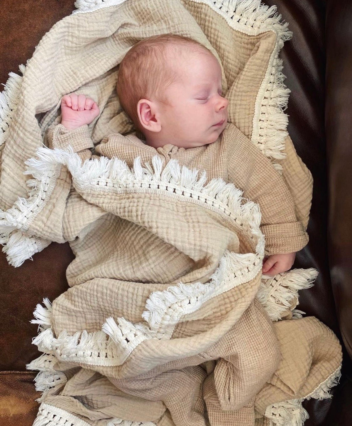 Tan Fringe Muslin Swaddle Blanket by Harp Angel Boutique
