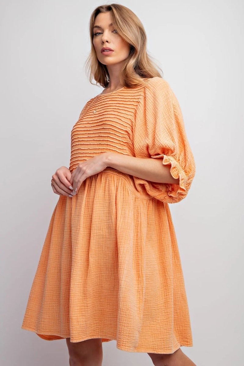 PinkBlush Tangerine Cotton Gauze Mini Dress with Pintuck Design for Summer Style - 