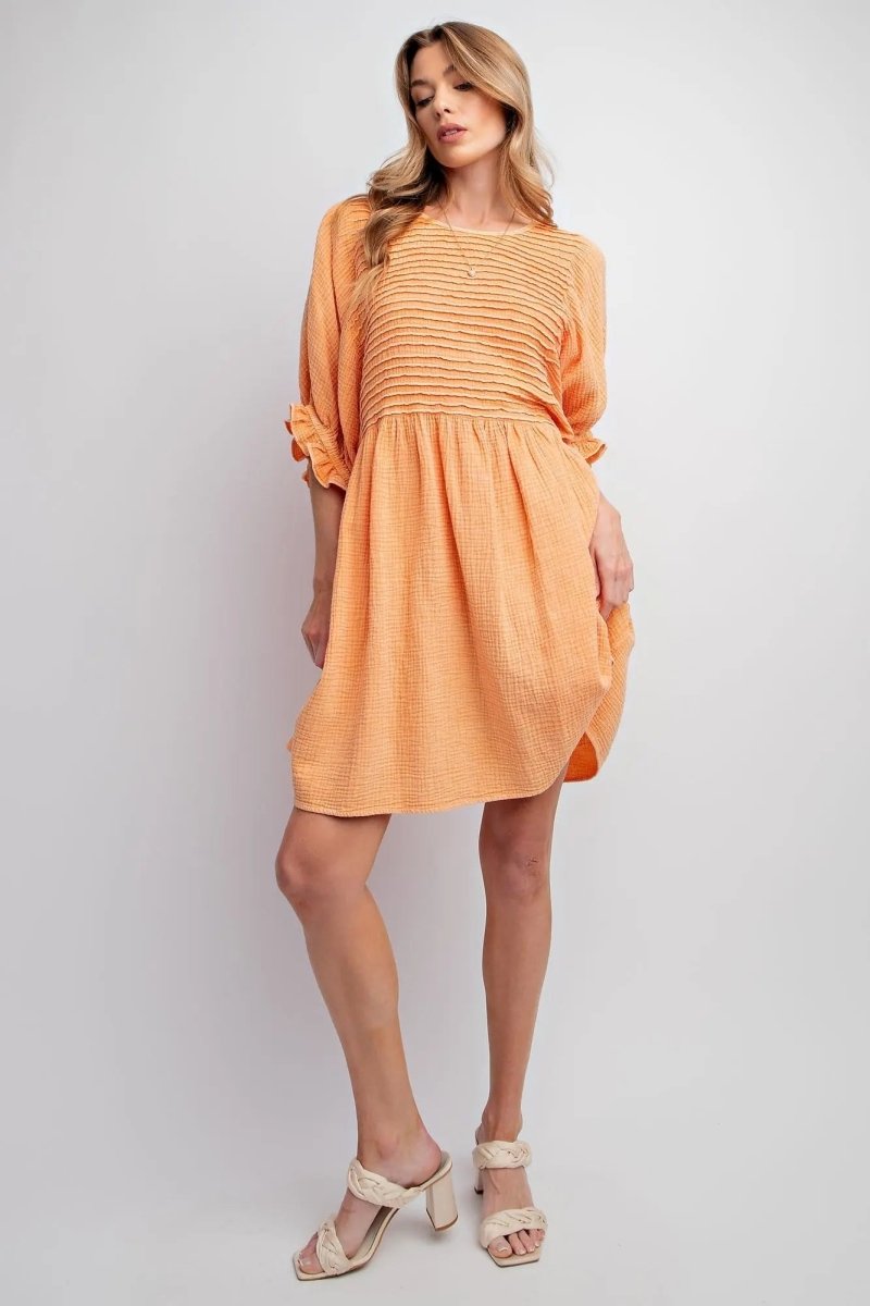 PinkBlush Tangerine Cotton Gauze Mini Dress with Pintuck Design for Summer Style - 