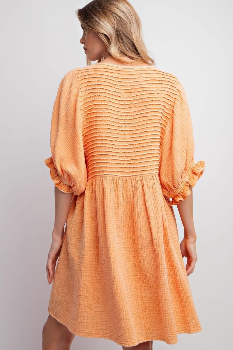 PinkBlush Tangerine Cotton Gauze Mini Dress with Pintuck Design for Summer Style - 