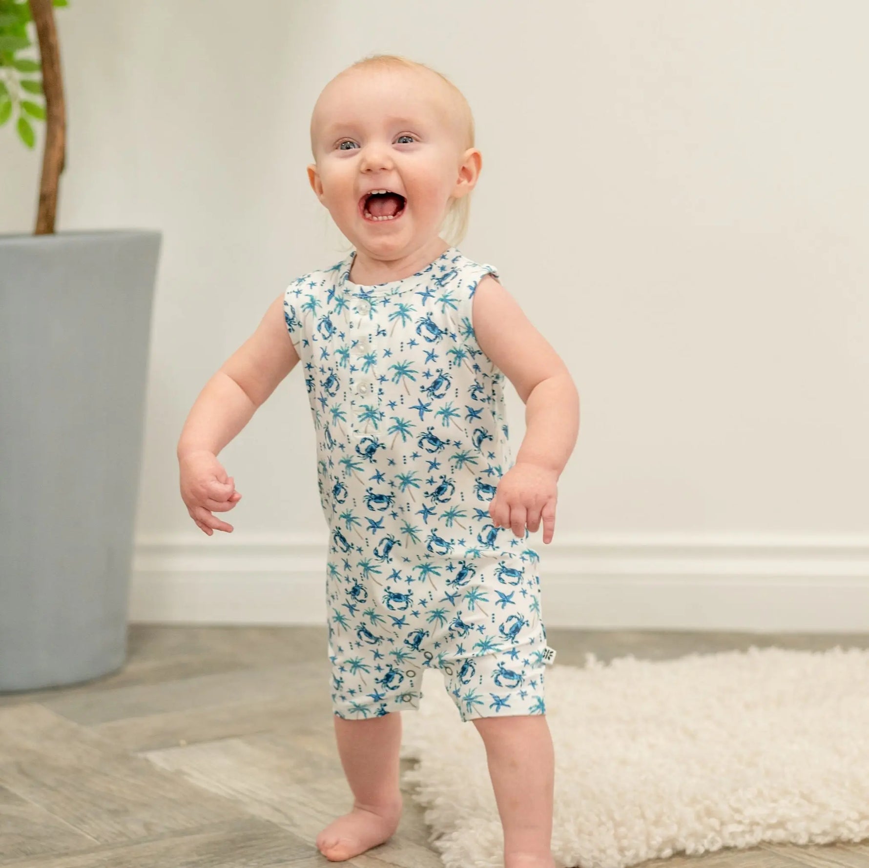 Sweet Bamboo Blue Crabs Tank Romper for Infants and Toddlers Comfortable Summer Wear - Apparel & Accessories > Clothing > Baby & Toddler Clothing > Baby One-Pieces Rompers