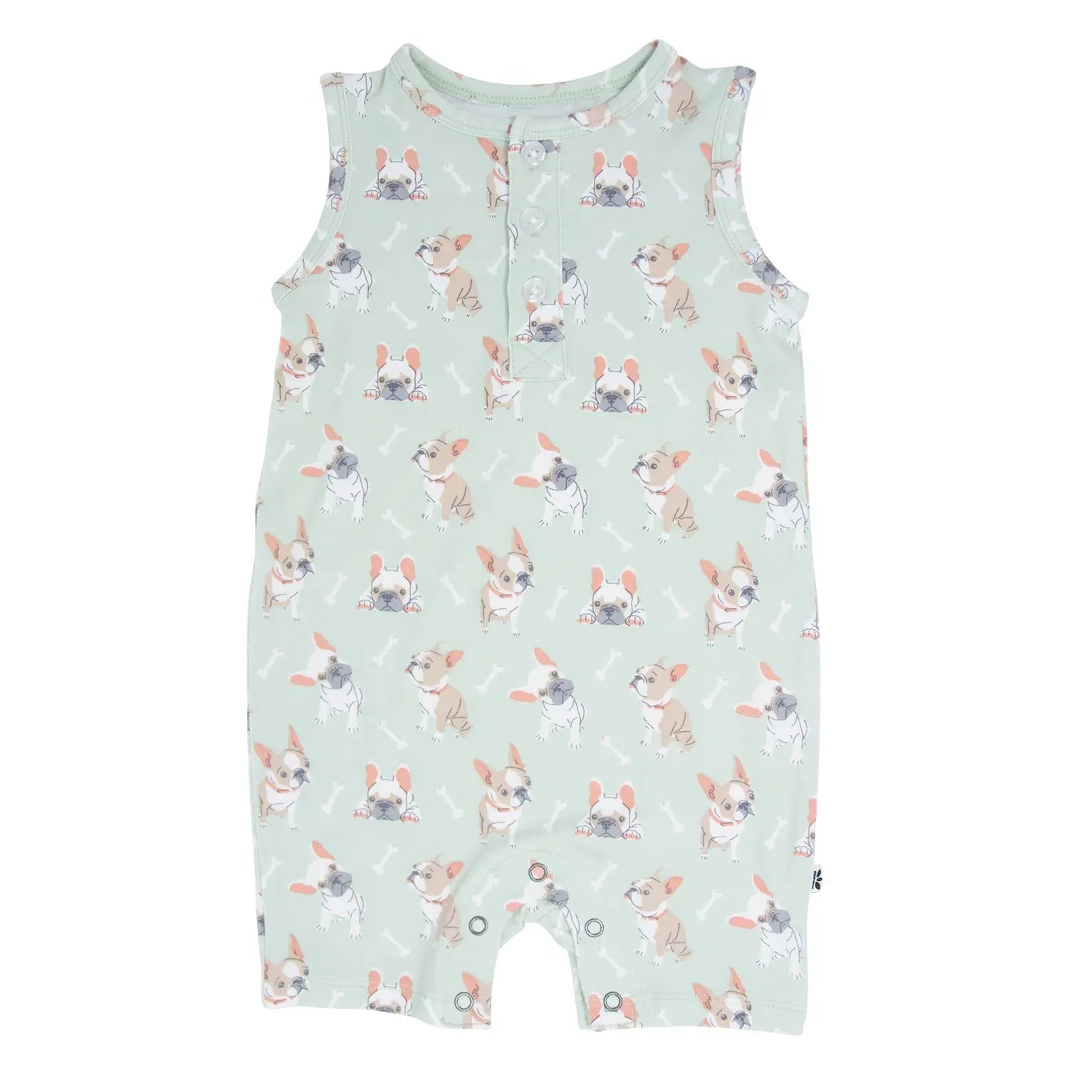 Mint Frenchie Puppy Tank Romper for Kids Summer Wear Sweet Bamboo