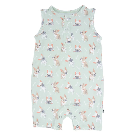 Mint Frenchie Puppy Tank Romper for Kids Summer Wear Sweet Bamboo