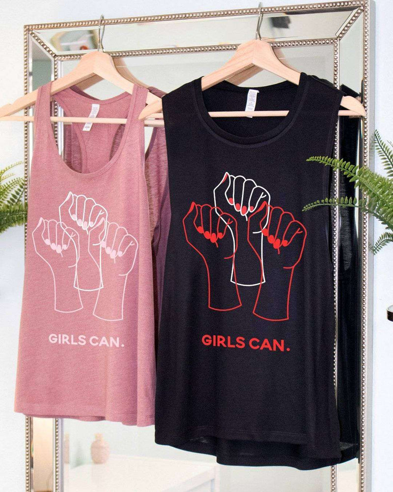 Tank tops with "GIRLS CAN" print in black and mauve, available in racerback and muscle styles.