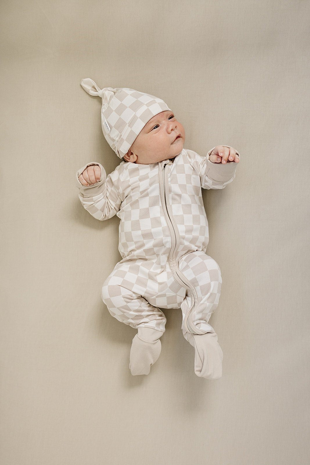 Mebie Baby Taupe Checkered Bamboo Double Zipper Pajamas For Baby Gender Neutral Footed - 